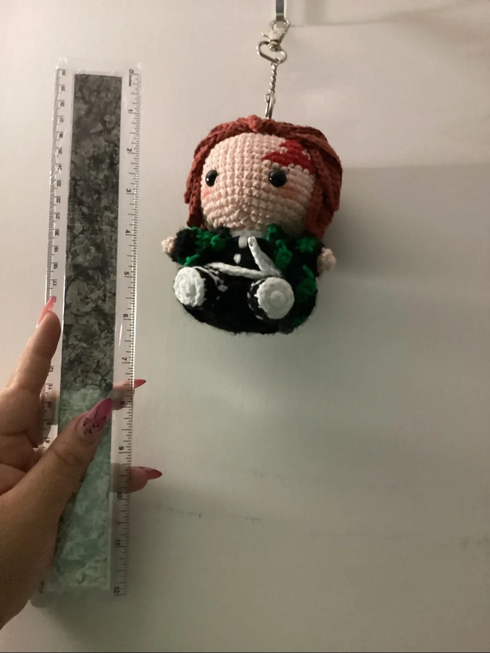 Handmade Crochet Tanjiro Keychain Doll - Red Hair, Green & Black Outfit